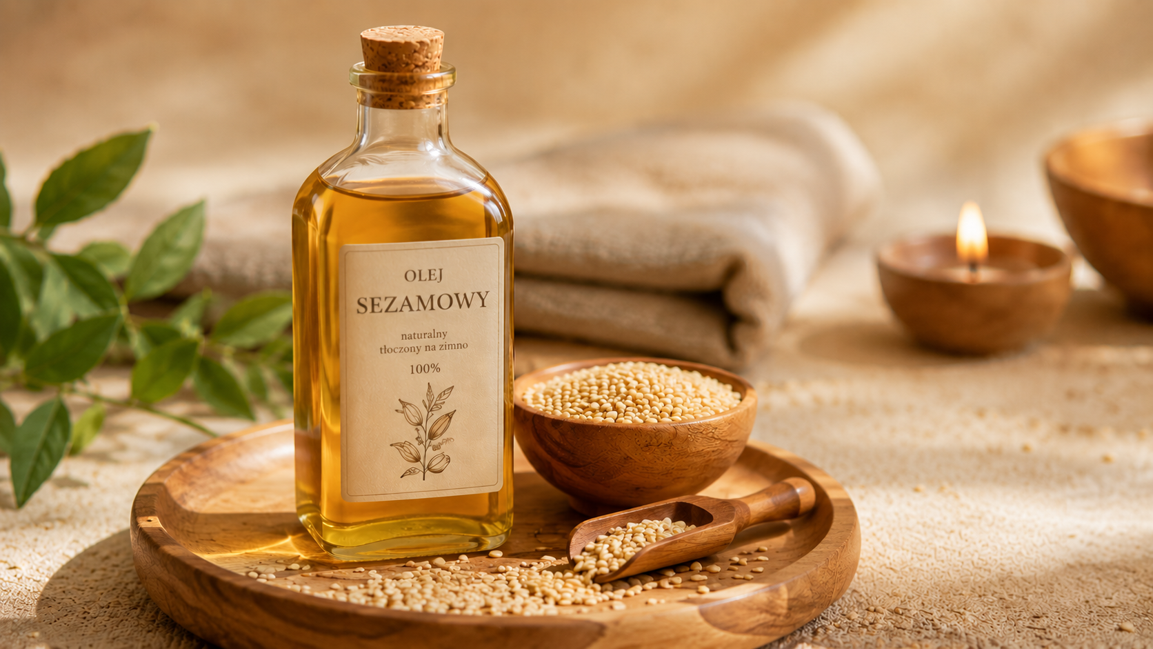 Butelka Naturalnego Oleju Sezamowego Do Masażu Ajurwedyjskiego. Olej Sezamowy Wspiera Masaż Ciała, Masaż Głowy, Masaż Stóp Oraz Pielęgnację Skóry I Włosów.